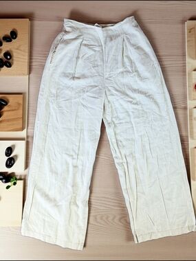 Cotton On Wide-Leg Linen Blend Pants Size 4 Off White Elastic Back Casual